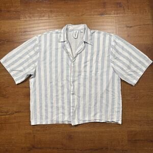 Collusion Button Up Camp Collar Shirt Mens L White Gray Stripe Boxy Oversized